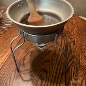 Vintage WearEver Stainless Cone Colander Stainer w/ Stand and Wooden Pastle